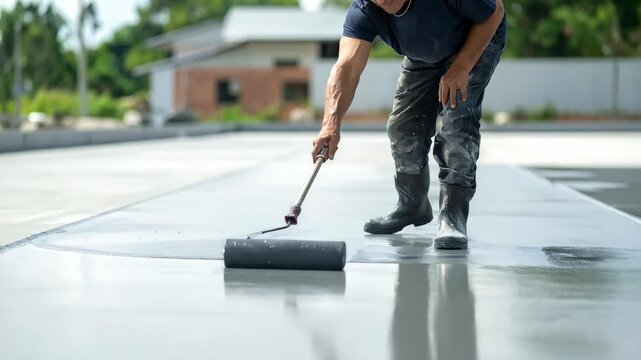 黒い作業靴の職人が住宅の見える屋上で長柄ローラーを使い淡い床へ防水材を均一に伸ばしている