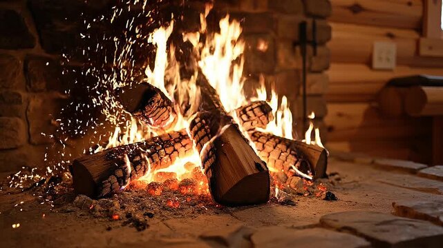 Cozy warm fireplace burning wood logs with glowing embers in rustic stone and wooden cabin interior
