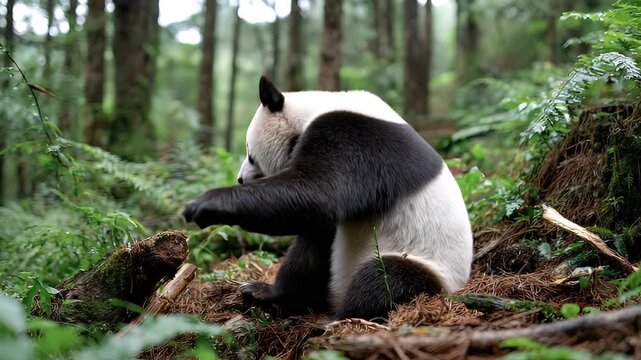 Giant panda in natural habitat resting amongst foliage