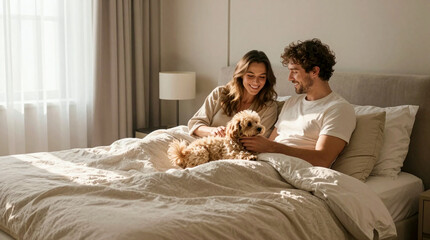Naklejka na ściany i meble A happy human couple enjoy cozy morning with their beloved pet embracing serene lifestyle in sunlit, minimalist bedroom, showcasing comfort and domestic bliss