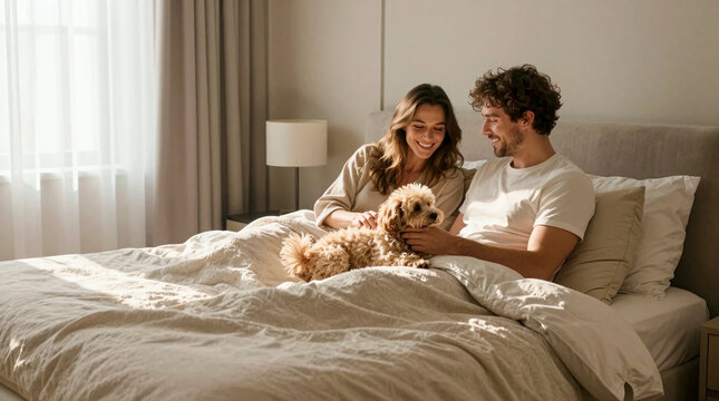 A happy human couple enjoy cozy morning with their beloved pet embracing serene lifestyle in sunlit, minimalist bedroom, showcasing comfort and domestic bliss
