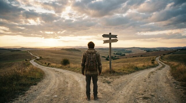 Traveler with backpack standing at a dirt road fork choosing a path