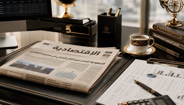 Business Desk Setup: A sophisticated business desk setup featuring a newspaper, coffee cup, calculator, and financial documents, suggesting a focus on economic news and investment analysis