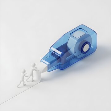 Figures pushing a large correction tape dispenser