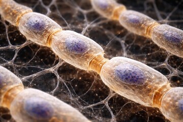 Fototapeta premium Scientific micrograph focusing on myelinated nerve fiber with visible Schwann cell nuclei and nodes