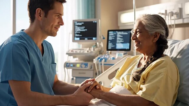 Male healthcare worker comforting senior female patient in hospital bed.
