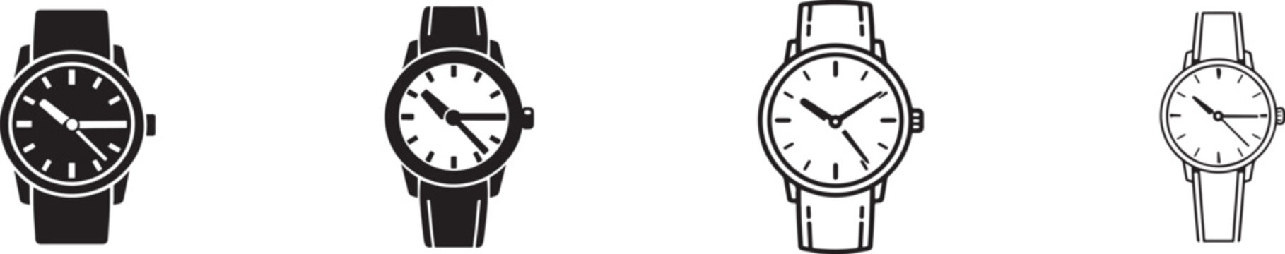 Wristwatch line icon set with strap and dial in four stroke weights for fashion accessory design.