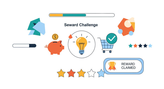 Gamification and Customer Rewards Program Illustration with Progress Bars, Piggy Bank, and Achievement Trophy