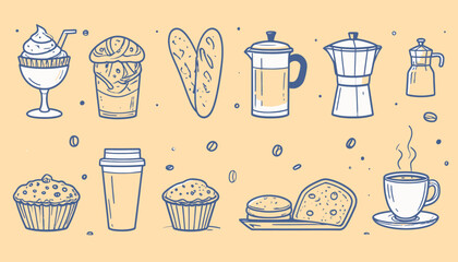Kolekcja ręcznie rysowanych ikon kawy, wypieków i śniadaniowych przysmaków, idealna do menu kawiarni lub bloga kulinarnego, w stylu line art.