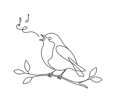 "Songbird Robin". Minimalistic one-line drawing robin bird with open beak singing on a branch, continuous