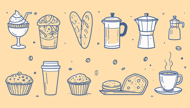 Kolekcja ręcznie rysowanych ikon kawy, wypiek&oacute;w i śniadaniowych przysmak&oacute;w, idealna do menu kawiarni lub bloga kulinarnego, w stylu line art.