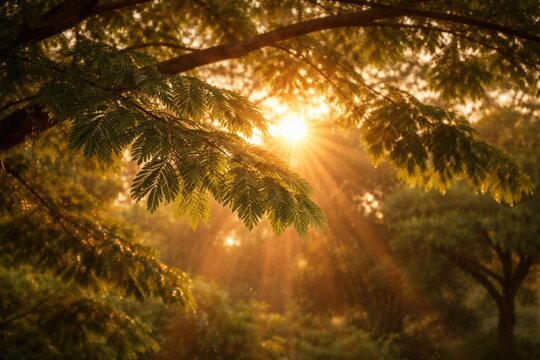 Warm twilight sunshine filtering through rain tree leaves