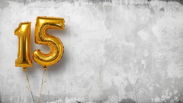Golden 15 Foil Balloons on Whitewashed Concrete Background