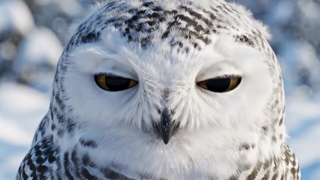 A striking portrait capturing the intense gaze of a majestic snowy owl perched attentively amidst a serene winter forest, its piercing eyes surveying the frosted landscape with quiet wisdom