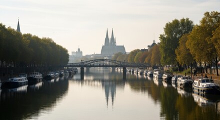 Fototapeta premium Serene Riverfront Panorama with Historic Cathedral and Boats in Autumnal Cityscape