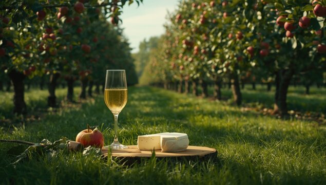Cider and camembert cheese served outdoors in an orchard with tall green apple trees and clusters of red apples