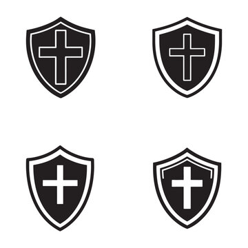 Black and white shield icons with crosses for protection and safety concepts  various shield logos with cross symbols
