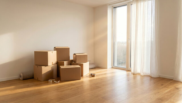 Glowing Sunlit Empty Apartment with Cardboard Boxes Evoking Freedom and New Beginning Hope Perfect for Real Estate Listing Moving Service and Home Relocation Advertising