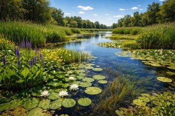Fototapeta premium Brightly lit marsh river area with multiple aquatic plant species under a clear blue sky