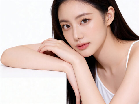 a beautiful influencer asian woman on white background