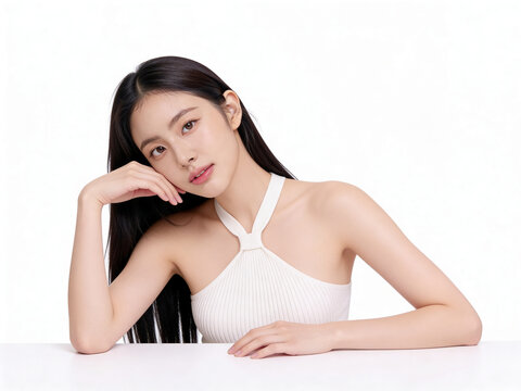 a beautiful influencer asian woman on white background