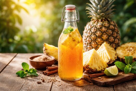 Experience the zesty flavor blend of traditional fermented pineapple tepache kombucha with copy space