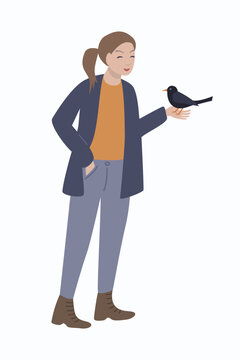 Woman holding a blackbird on her hand, vector illustration.
