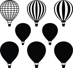 Naklejka premium WebHot air balloon silhouettes, patterned balloon icons, travel adventure design, sky exploration illustration, festival decoration, aviation symbol, black vector graphic set