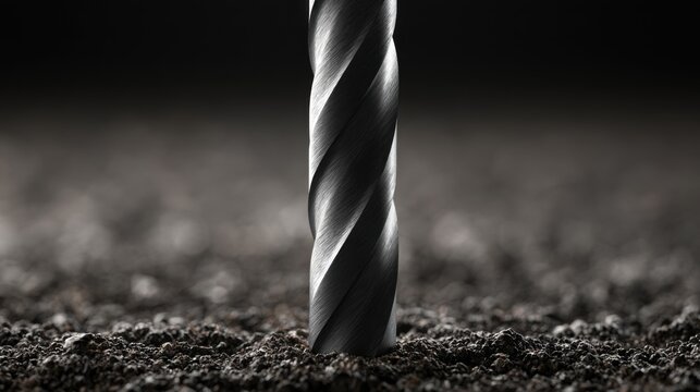 Close-up of a metal drill bit digging into dark soil