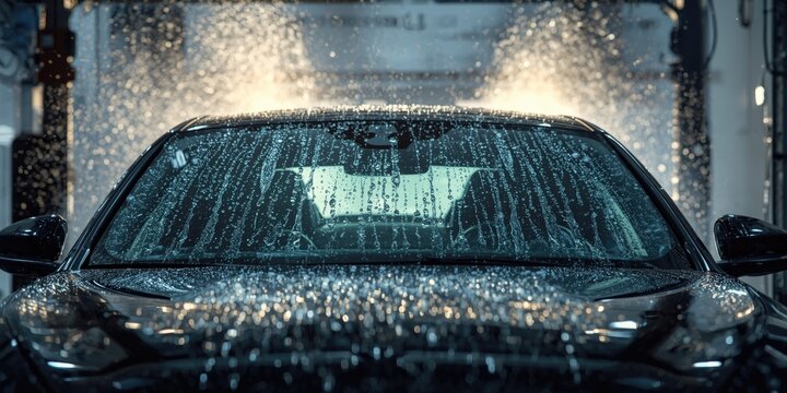 Brightly lit vehicle windshield with foam and water droplets capturing the essence of car washing and textured light reflections