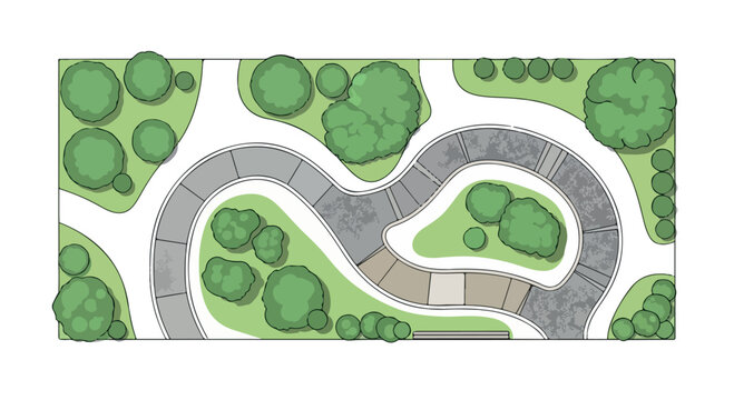 Landscape design plan vector illustration, top view garden layout with winding stone path, architectural site map with green trees and bushes