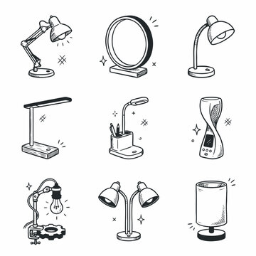 Set of Hand-Drawn Desk Lamp Icons and Doodle Illustrations for Office and Study Lighting