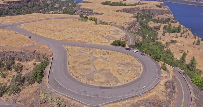 Aerial drone shot of the Rowena Crest Viewpoint in Mosier Oregon on the Columbia River Gorge National Scenic Area