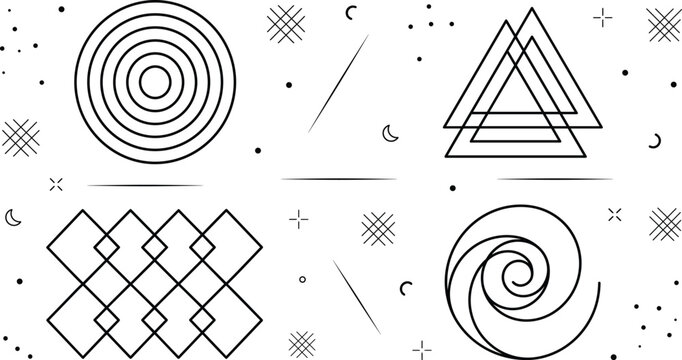 Sacred Geometry and Abstract Esoteric Celestial Line Art Icon Set with Minimalist Mystical Cosmic Shapes Designs