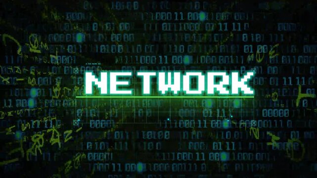 A dynamic digital network animation with glowing green and blue binary code scrolling across a dark background representing data transfer cybersecurity and information technology