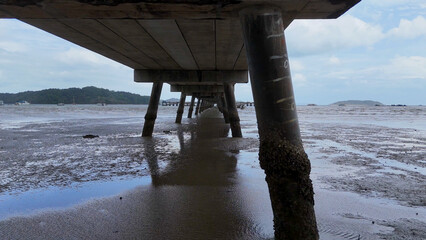 Fototapeta premium Symmetrical Perspective View Underneath a Concrete Pier at Low Tide