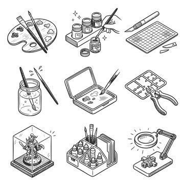 Set of Hand-Drawn Icons for Miniature Painting and Scale Modeling Hobbies
