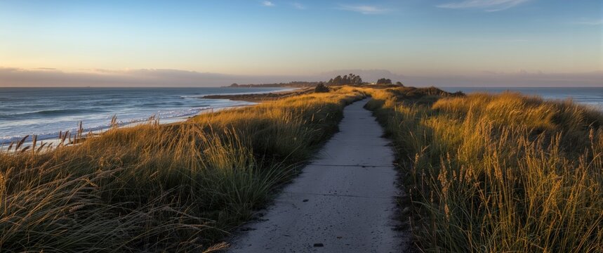 Calm seaside path at twilight with gentle surf and coastal grass