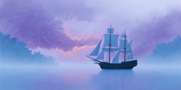 an oil painting of an old pirate ship sailing in the ocean during a thunderstorm, with a blue and purple sky and orange lightning.
