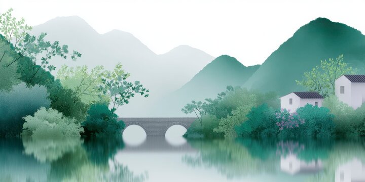 houses and bridges in the distance, green mountains next to them, colorful colors, light gray sky, white background