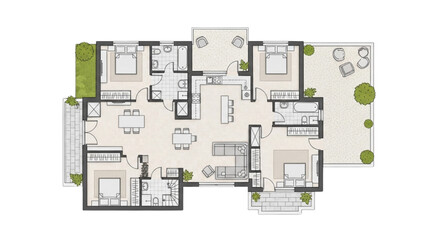 2D CAD design of a modern house floor plan with rooms and garden © Stock Image Paradise