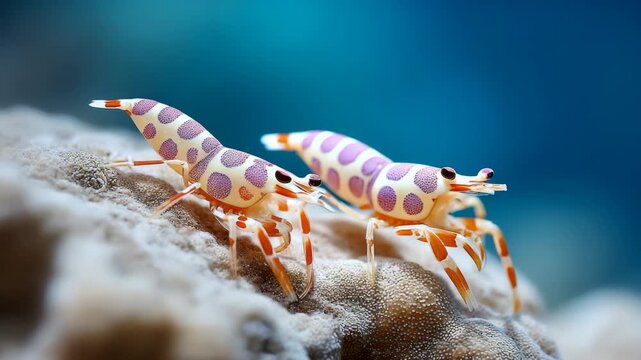 Vibrant harlequin shrimp pair in coral reef habitat display intricate patterns and graceful movement