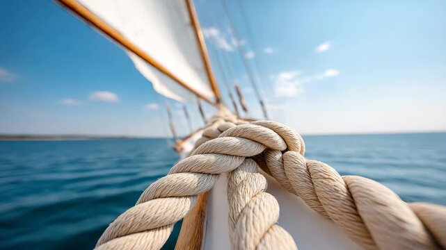 Sailing adventure: closeup of ropes and sails in motion over clear blue ocean