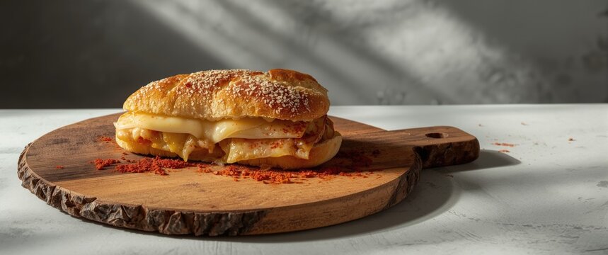 Artisan sandwich with Parmesan cheese, paprika, garlic, and pasata on rustic cutting board