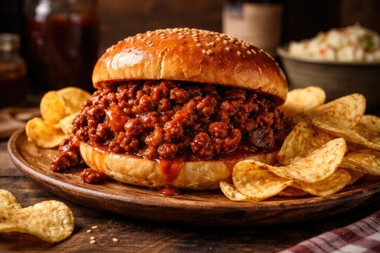 Flavorful sloppy joe sandwich with crispy chips on the side for a satisfying BBQ experience