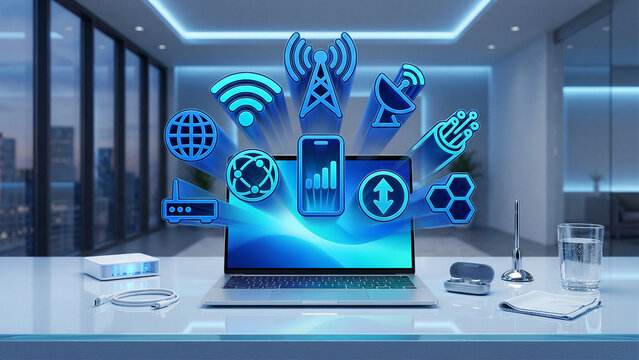 Global Telecommunications and Connectivity Concept with Glowing Blue Neon Icons Floating from Laptop WiFi Signal Tower Satellite Network Router Smart City Digital
