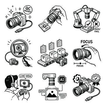Machine Vision and Industrial Inspection Icon Set - Quality Control, AI Imaging, and Automated Scanning Illustrations