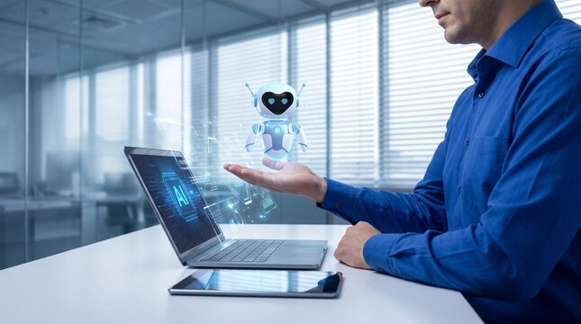 Man in blue shirt interacting with a robot on a laptop in office