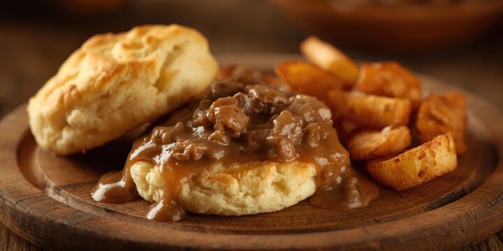 Biscuits smothered in savory sausage gravy alongside crunchy fried potatoes presented on wood