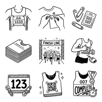 Marathon Running Race Bib and Event Icon Set Hand Drawn Doodle Vector Illustrations